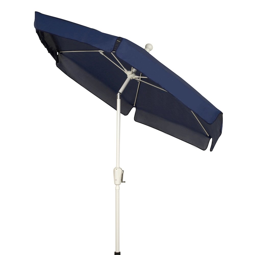7.5' Hex Home Garden Tilt  Umbrella 6 Rib Crank White with Navy Blue Vinyl Coated Weave Canopy. Picture 1