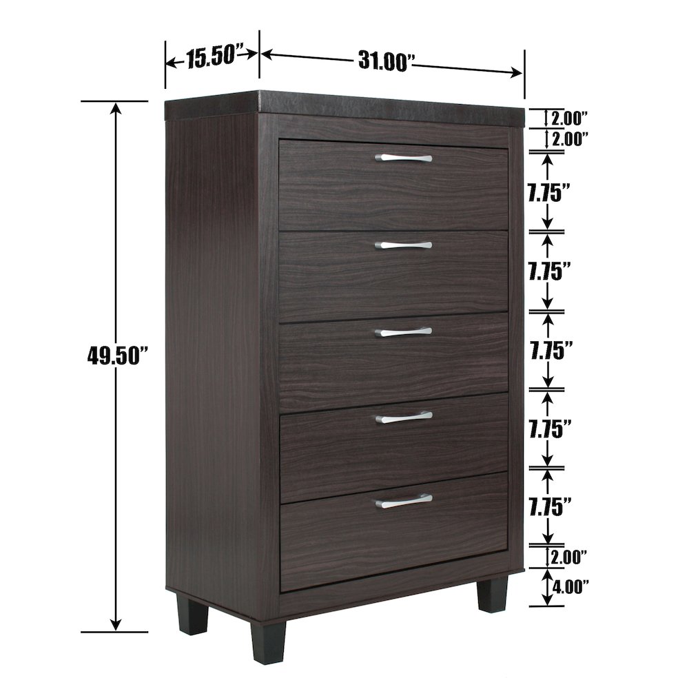 Better Home Products Elegant 5 Drawer Chest of Drawers for Bedroom in Tobacco. Picture 7