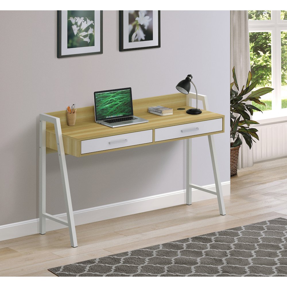 Fenton 2-Drawer Modern Wood Writing Desk in Natural and White. Picture 2