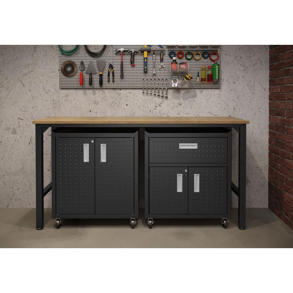 3-Piece Fortress Mobile Space-Saving Steel Garage Cabinet and Worktable 2.0 in Charcoal Grey. Picture 2