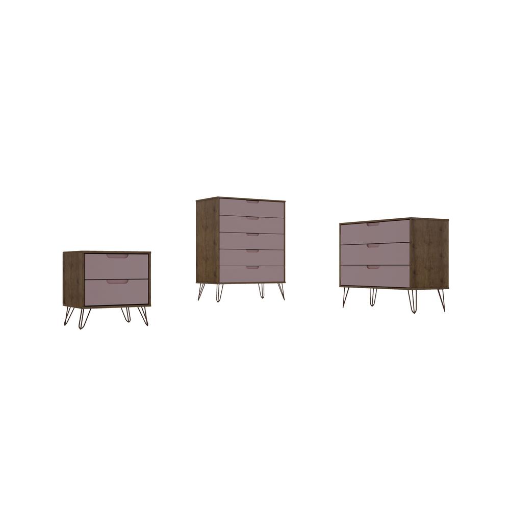 Rockefeller 3 Piece Bedroom Set Tall 5-Drawer Dresser, Standard 3- Drawer Dresser and 2-Drawer Nightstand in Nature and Rose Pink. The main picture.