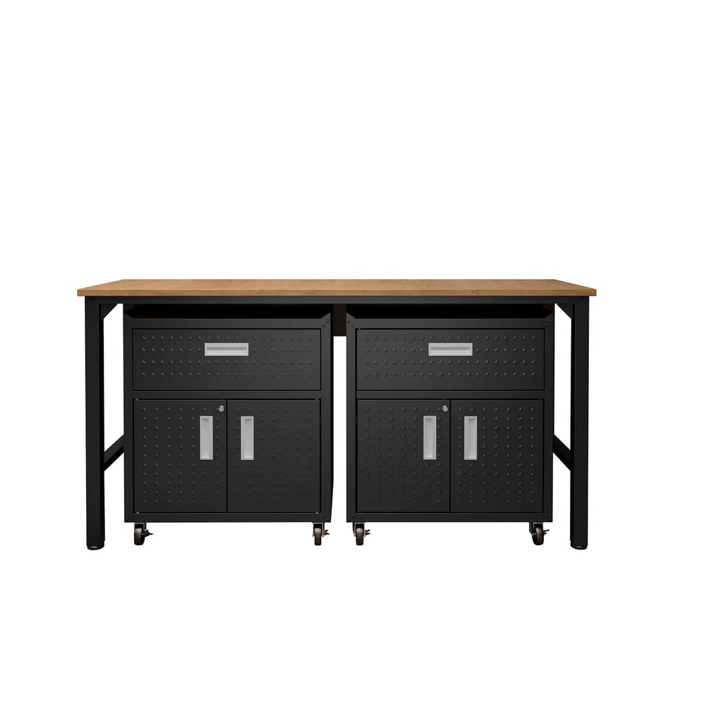 3-Piece Fortress Mobile Space-Saving Steel Garage Cabinet and Worktable 4.0 in Charcoal Grey. Picture 1