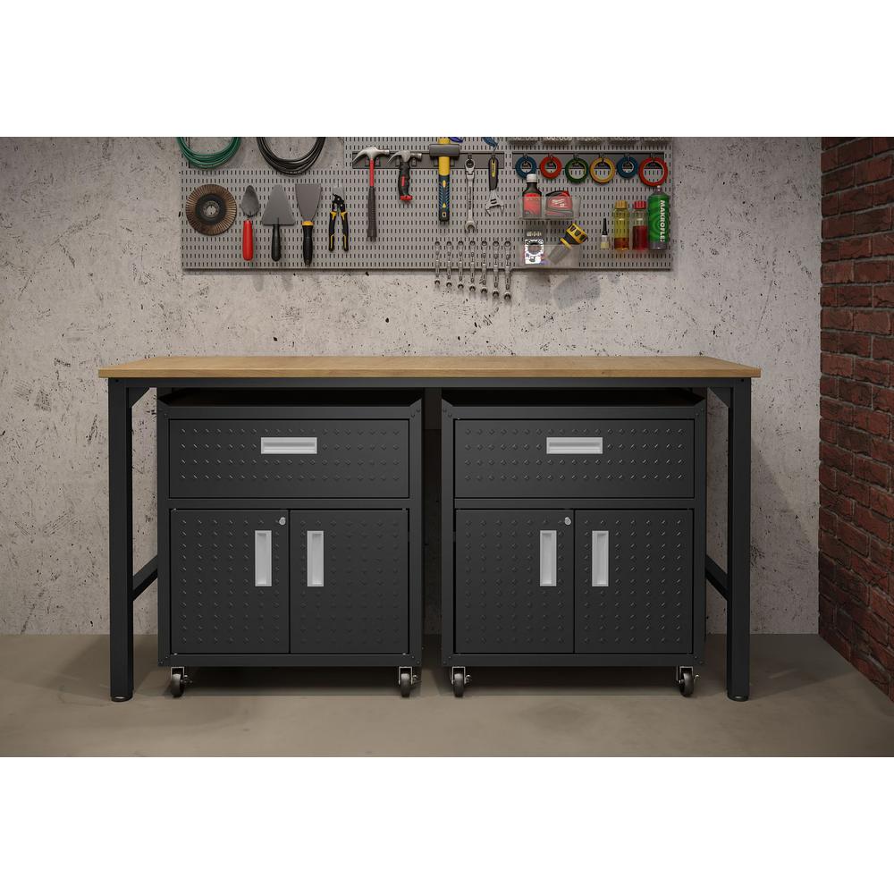 3-Piece Fortress Mobile Space-Saving Steel Garage Cabinet and Worktable 4.0 in Charcoal Grey. Picture 2
