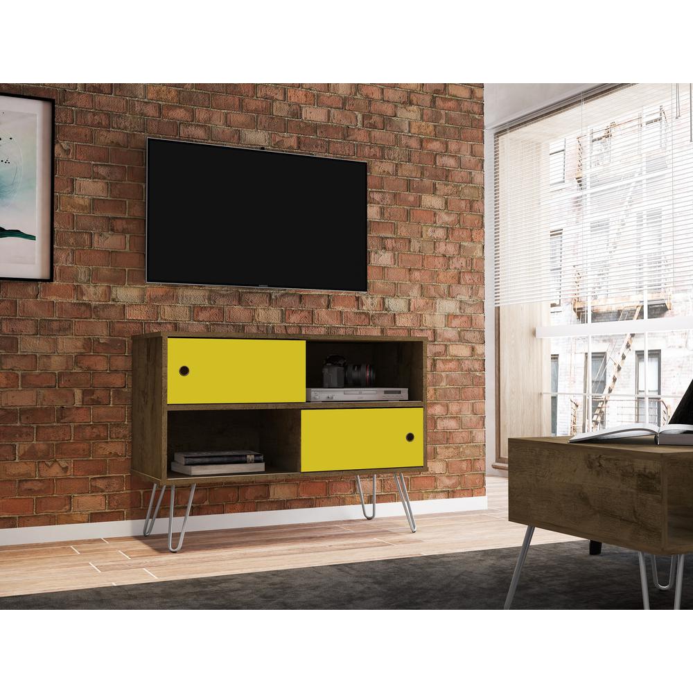 Baxter 35.43" TV Stand in Rustic Brown and Yellow. Picture 2