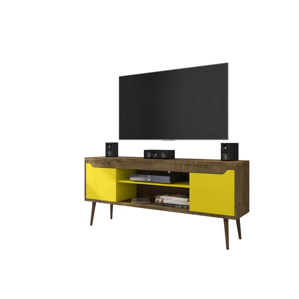Bradley 62.99 TV Stand Rustic Brown and Yellow  with 2 Media Shelves and 2 Storage Shelves in Rustic Brown and Yellow  with Solid Wood Legs. Picture 1