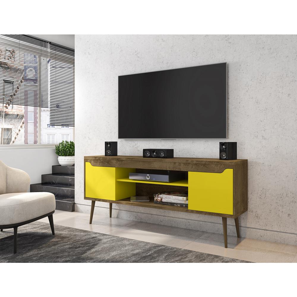 Bradley 62.99 TV Stand Rustic Brown and Yellow  with 2 Media Shelves and 2 Storage Shelves in Rustic Brown and Yellow  with Solid Wood Legs. Picture 2