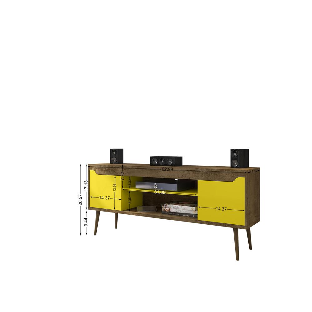 Bradley 62.99 TV Stand Rustic Brown and Yellow  with 2 Media Shelves and 2 Storage Shelves in Rustic Brown and Yellow  with Solid Wood Legs. Picture 3