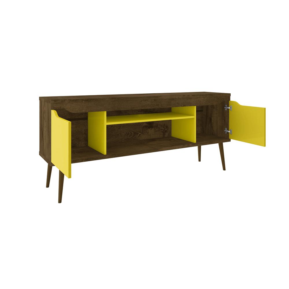 Bradley 62.99 TV Stand Rustic Brown and Yellow  with 2 Media Shelves and 2 Storage Shelves in Rustic Brown and Yellow  with Solid Wood Legs. Picture 4