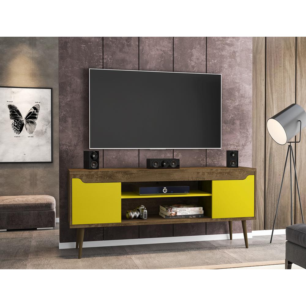 Bradley 62.99 TV Stand Rustic Brown and Yellow  with 2 Media Shelves and 2 Storage Shelves in Rustic Brown and Yellow  with Solid Wood Legs. Picture 5