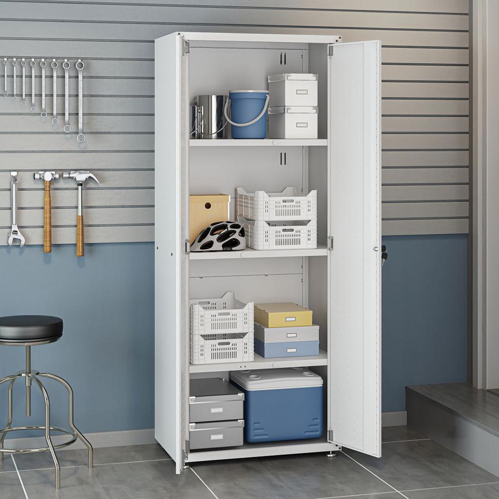 Fortress Textured Metal 75.4" Garage Cabinet with 4 Adjustable Shelves in White. Picture 4