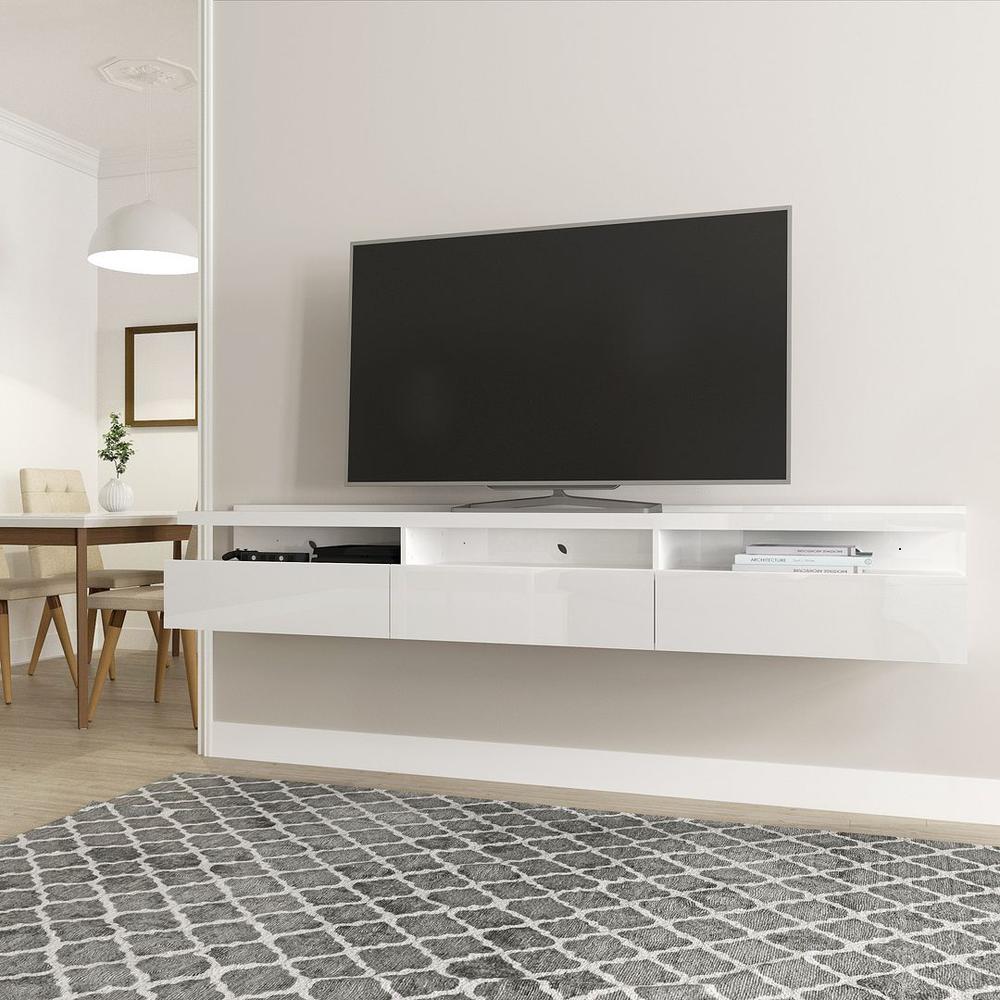 Cabrini 85.62 Half Floating Entertainment Center with 3 Drawers in White Gloss. Picture 2