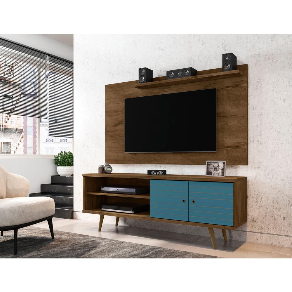 Liberty 62.99 TV Stand and Panel in Rustic Brown and Aqua Blue. Picture 2
