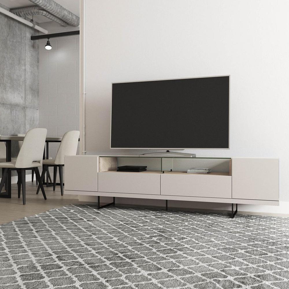 Celine 85.43 TV Stand with 2 Drawers and Steel Legs in Off White and Nude Mosaic Wood. Picture 2