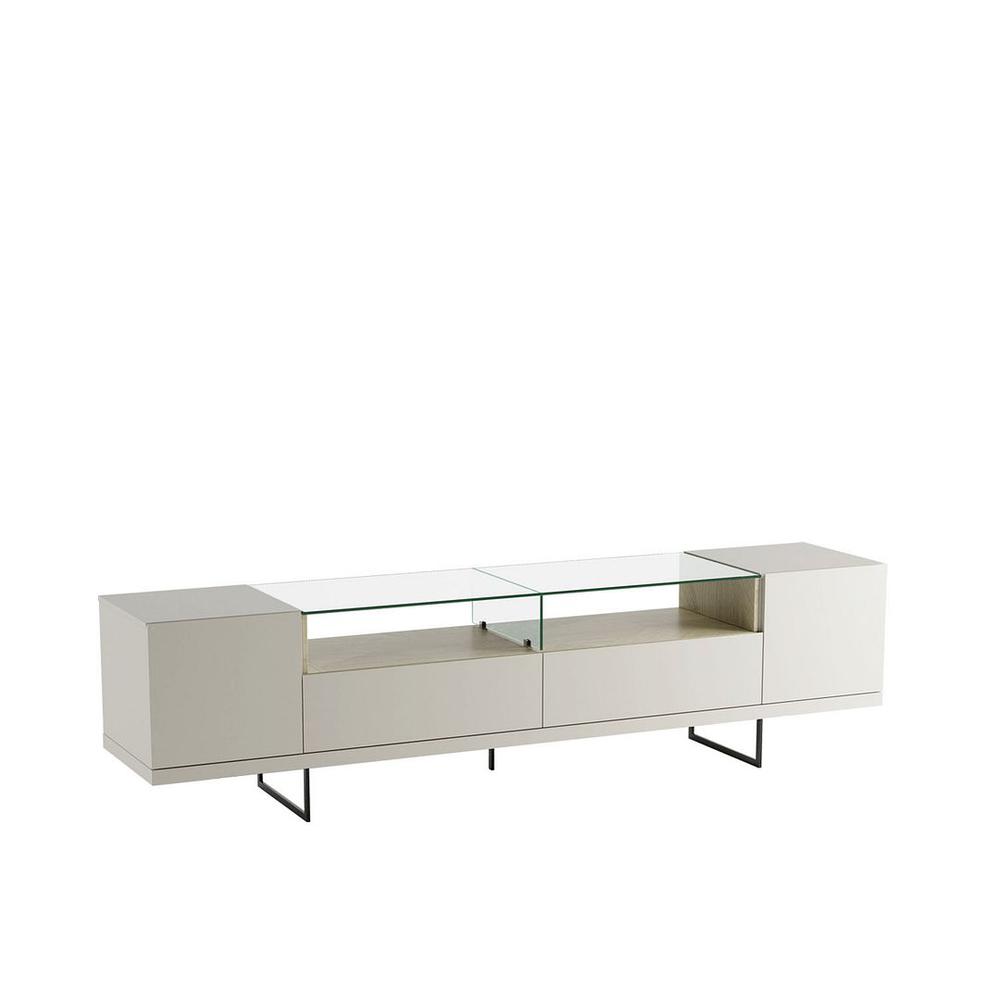 Celine 85.43 TV Stand with 2 Drawers and Steel Legs in Off White and Nude Mosaic Wood. Picture 6