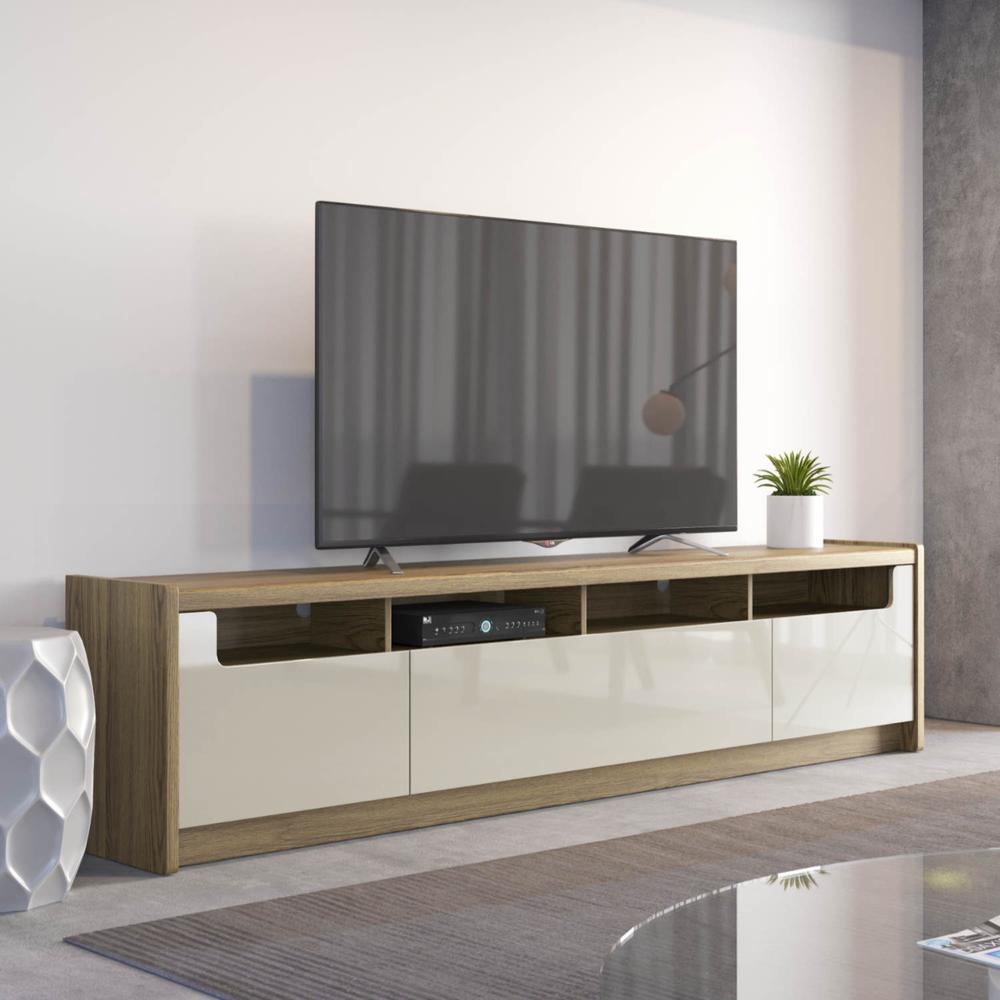 Munoz 87.12" TV Stand with 3 Compartments and Media Shelves in Off White Gloss. Picture 2