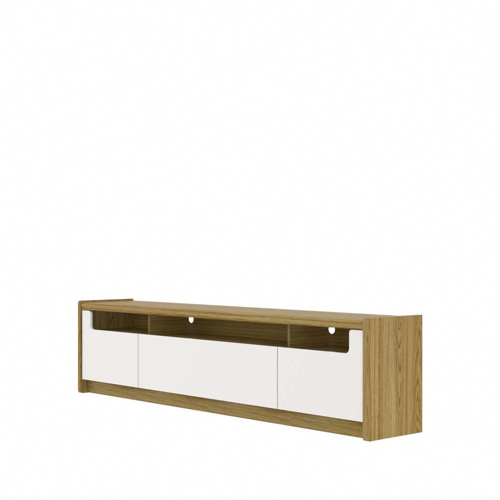 Munoz 87.12" TV Stand with 3 Compartments and Media Shelves in Off White Gloss. Picture 6