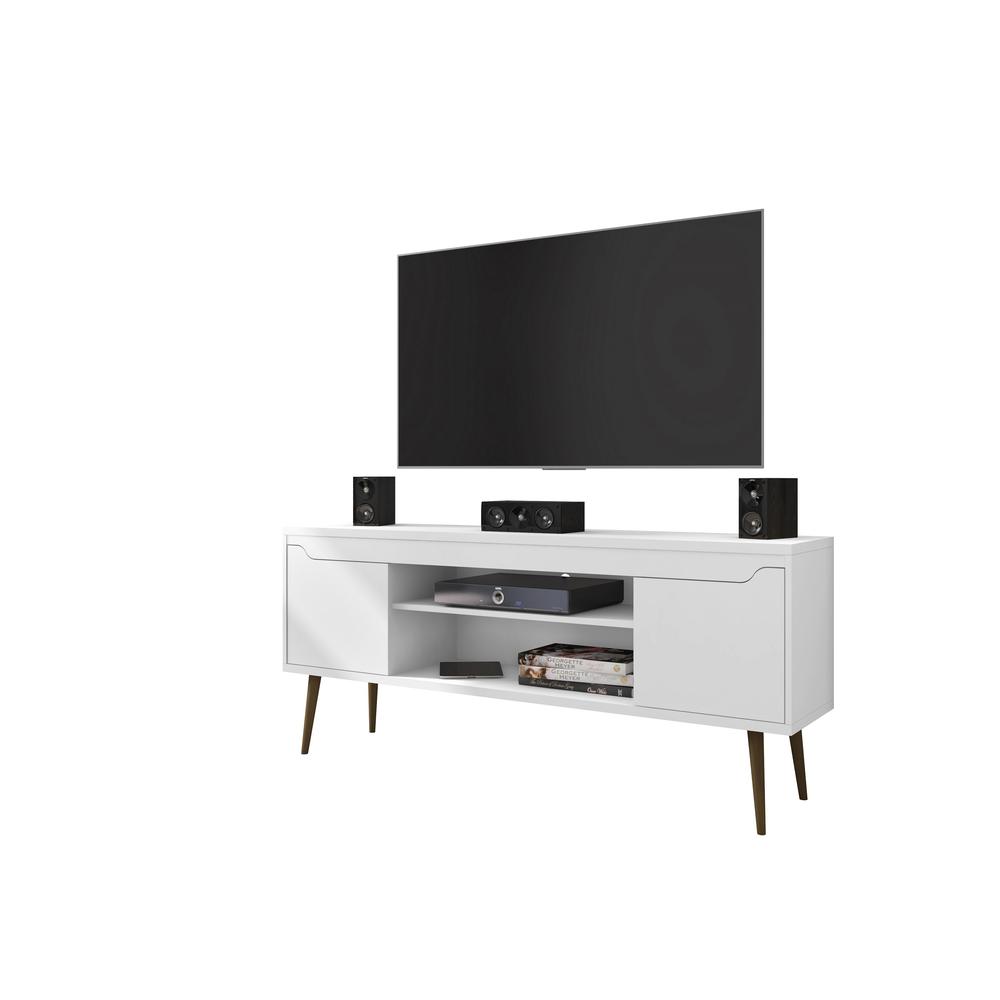 Bradley 62.99 TV Stand White  with 2 Media Shelves and 2 Storage Shelves in White  with Solid Wood Legs. The main picture.