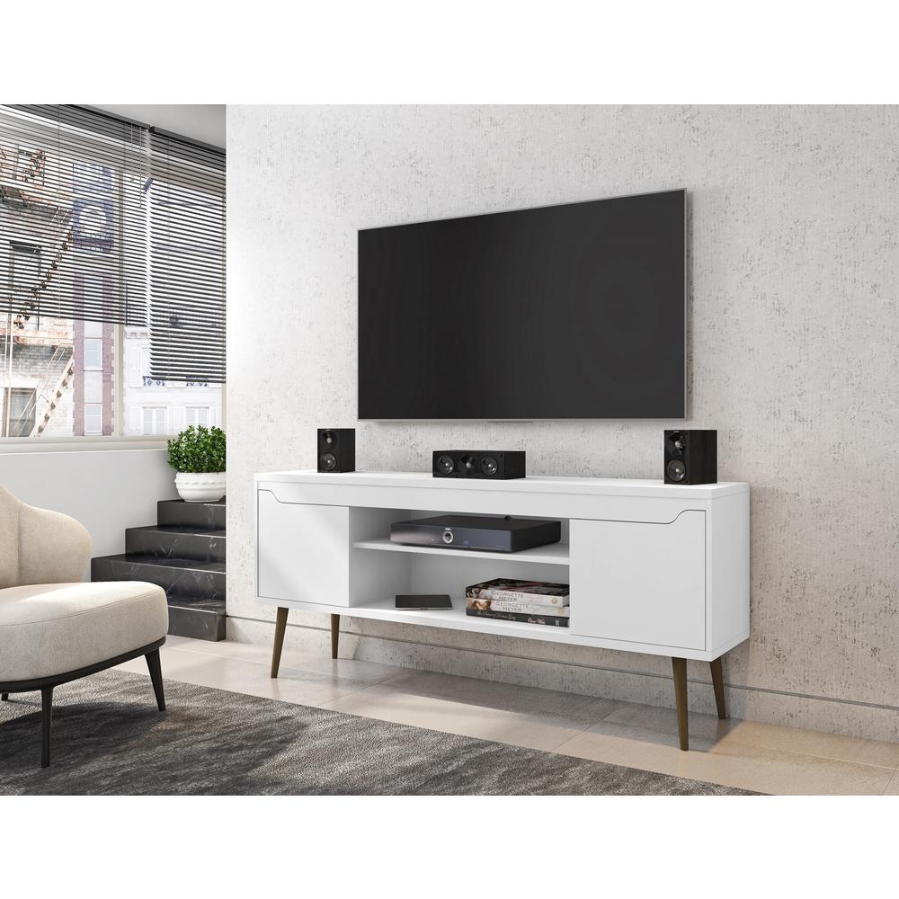 Bradley 62.99 TV Stand White  with 2 Media Shelves and 2 Storage Shelves in White  with Solid Wood Legs. Picture 2