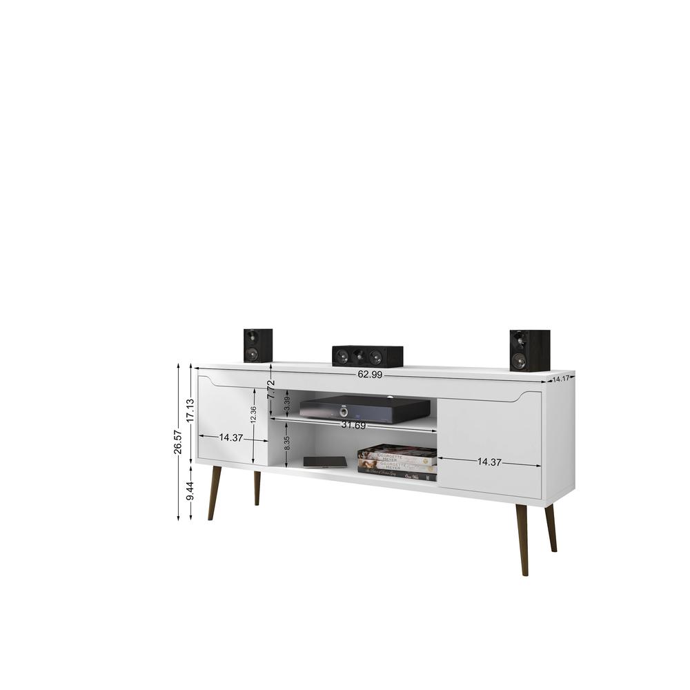 Bradley 62.99 TV Stand White  with 2 Media Shelves and 2 Storage Shelves in White  with Solid Wood Legs. Picture 3