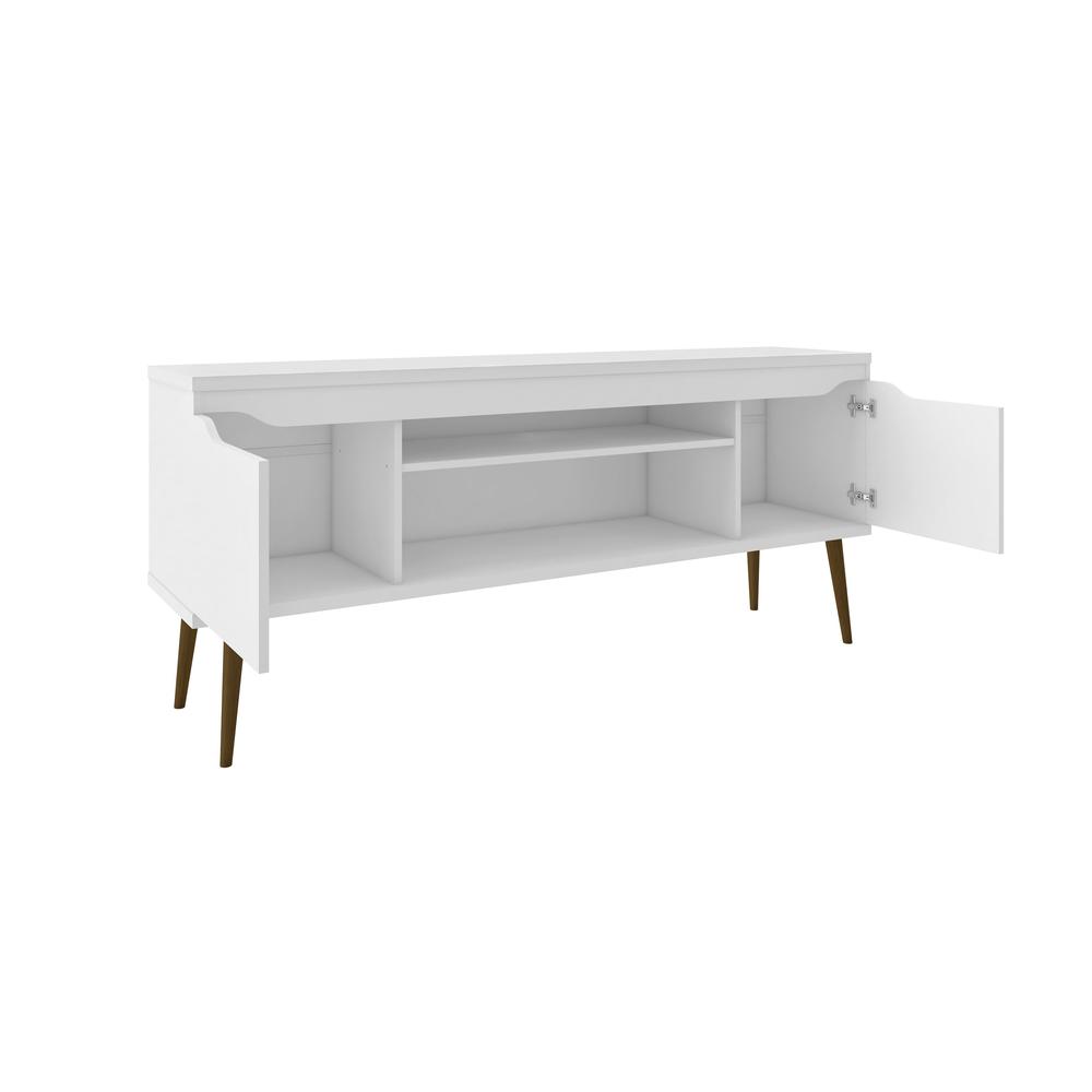 Bradley 62.99 TV Stand White  with 2 Media Shelves and 2 Storage Shelves in White  with Solid Wood Legs. Picture 4