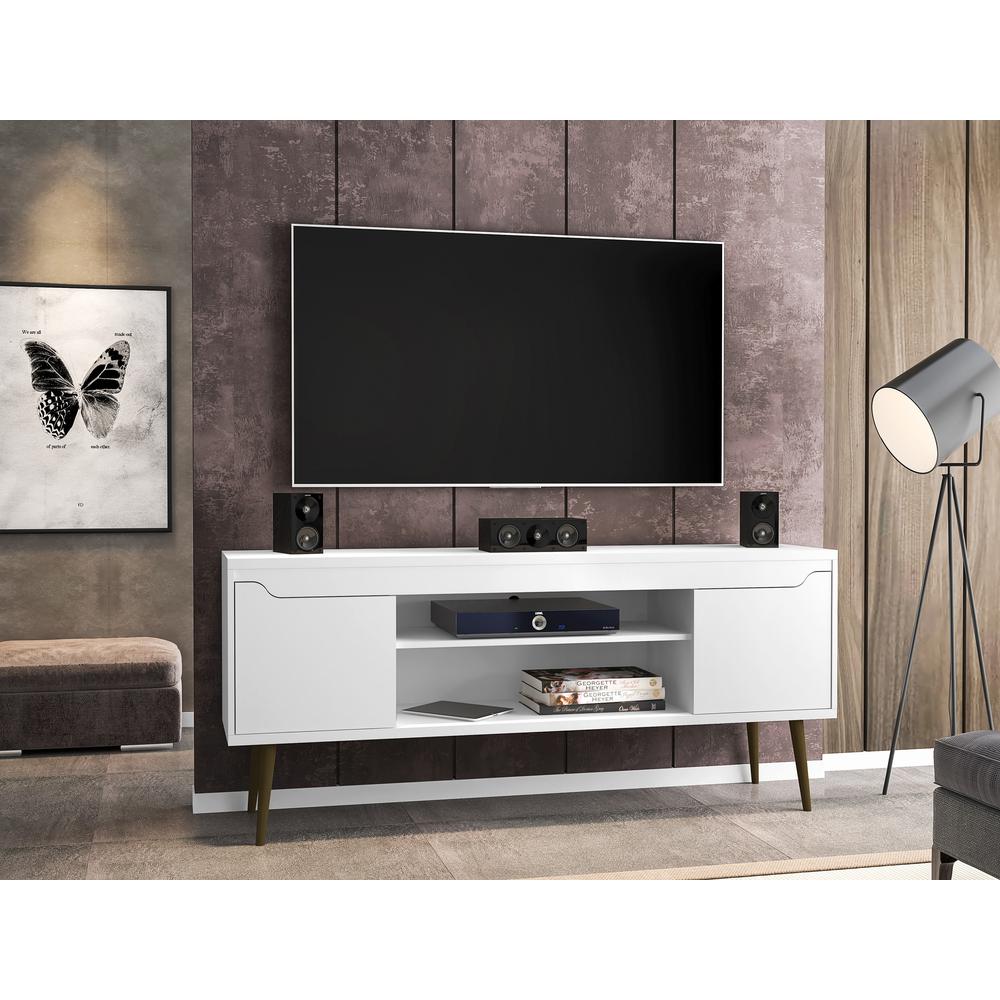 Bradley 62.99 TV Stand White  with 2 Media Shelves and 2 Storage Shelves in White  with Solid Wood Legs. Picture 5