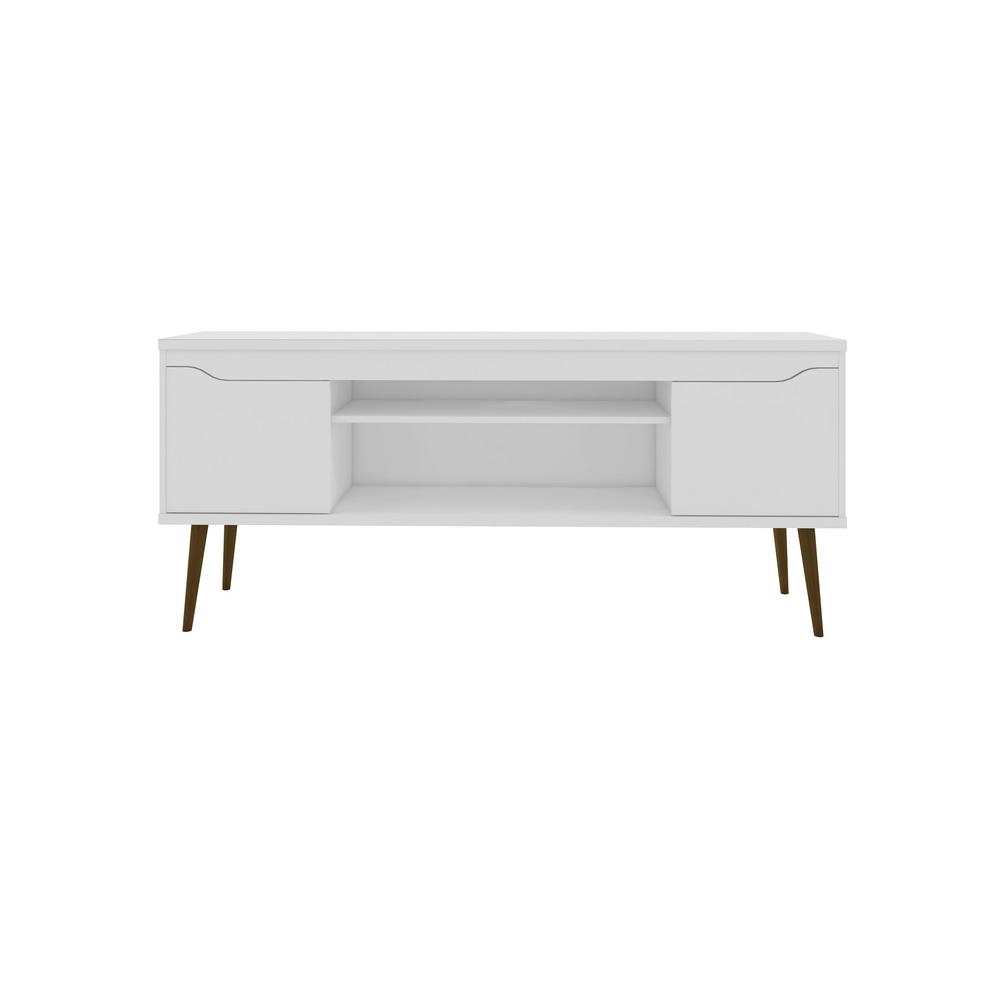 Bradley 62.99 TV Stand White  with 2 Media Shelves and 2 Storage Shelves in White  with Solid Wood Legs. Picture 9