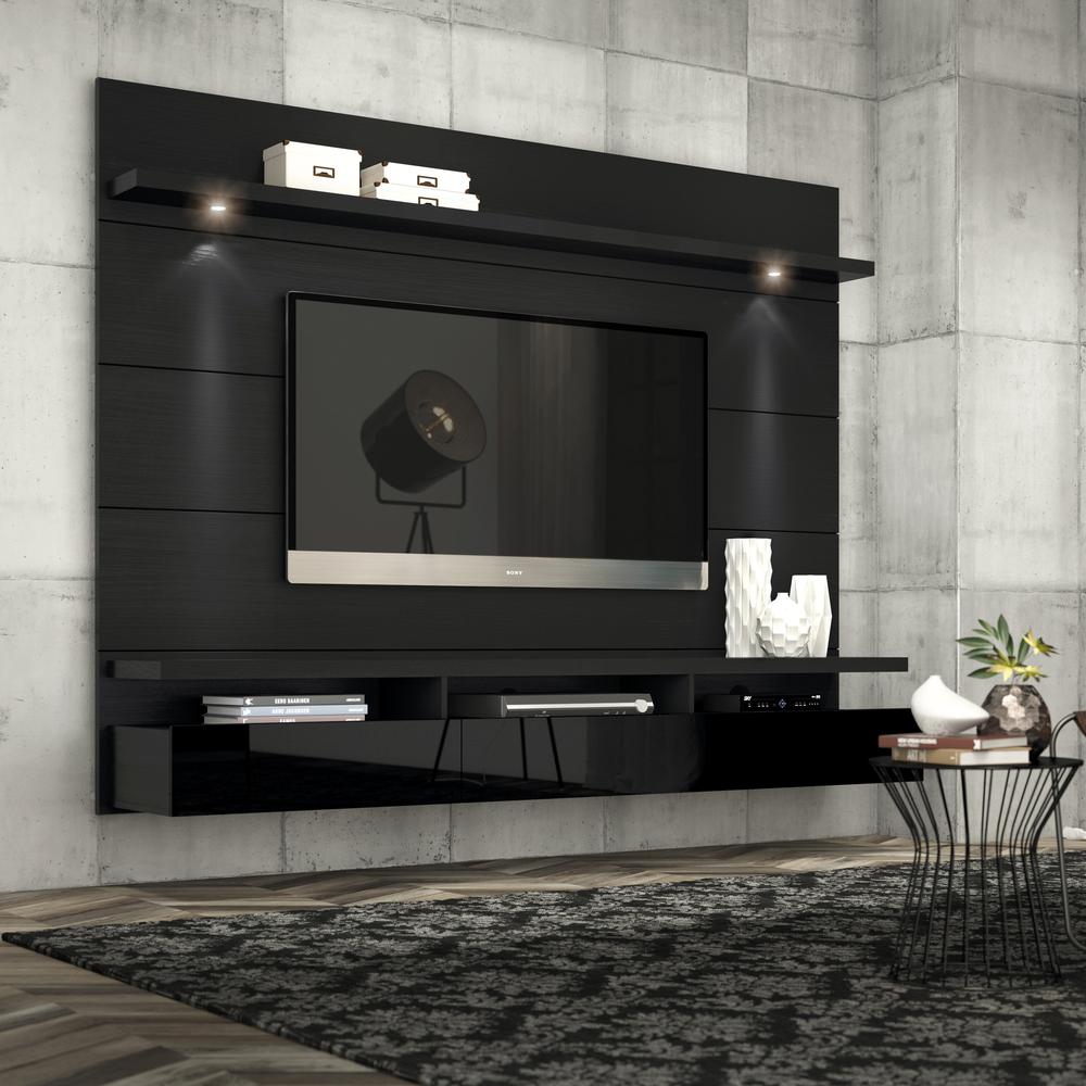 Cabrini 1.8 Floating Wall Theater Entertainment Center in Black Gloss and Black Matte. Picture 2