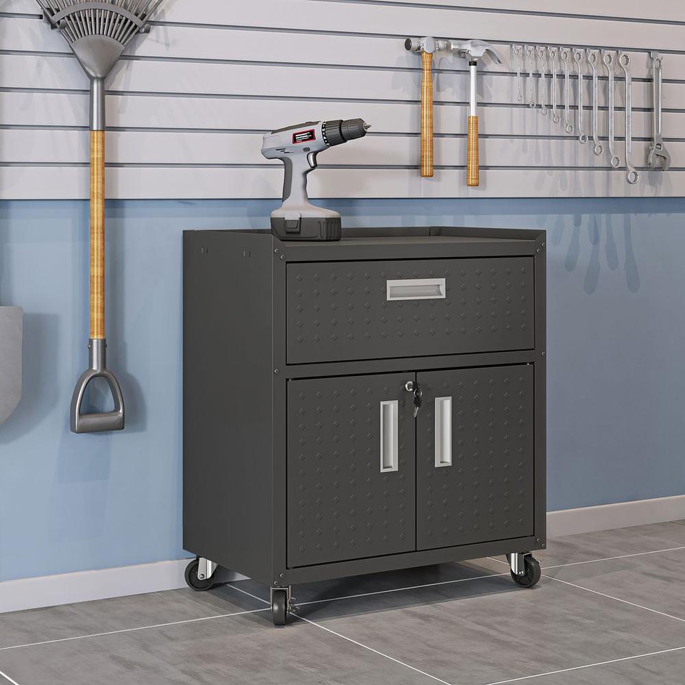 Fortress Textured Metal 31.5" Garage Mobile Cabinet with 1 Full Extension Drawer and 2 Adjustable Shelves in Charcoal Grey. Picture 2
