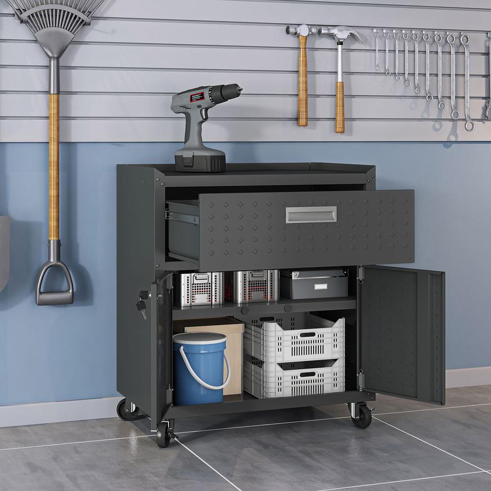 Fortress Textured Metal 31.5" Garage Mobile Cabinet with 1 Full Extension Drawer and 2 Adjustable Shelves in Charcoal Grey. Picture 4