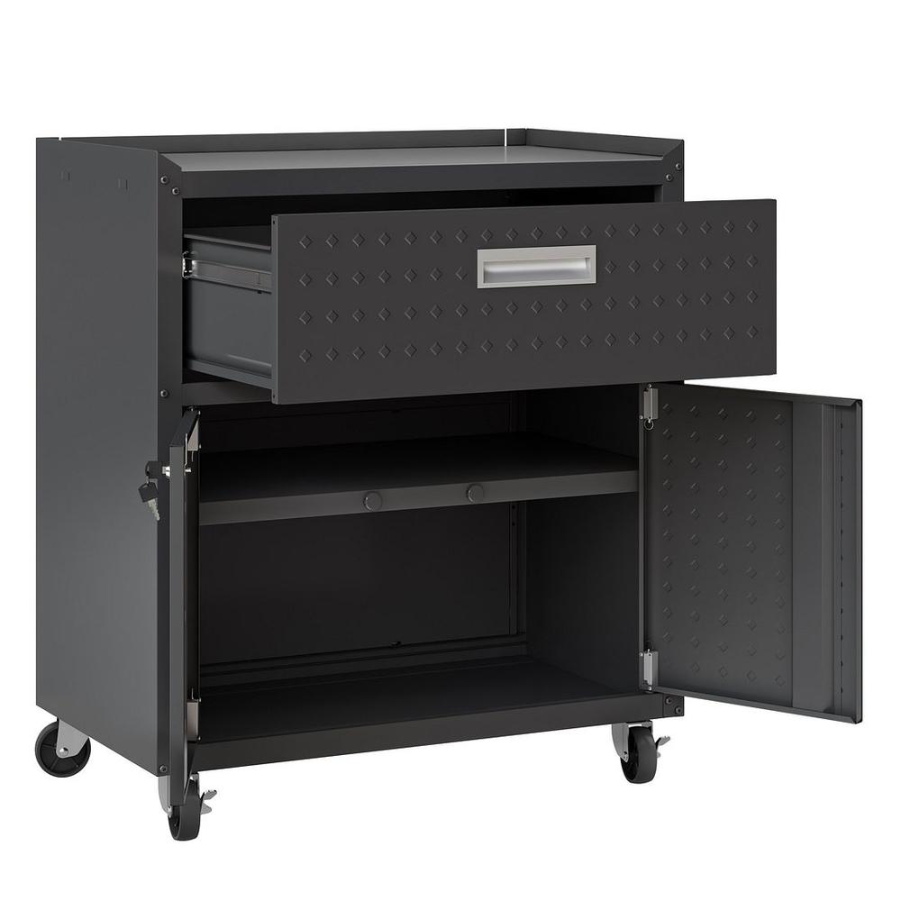 Fortress Textured Metal 31.5" Garage Mobile Cabinet with 1 Full Extension Drawer and 2 Adjustable Shelves in Charcoal Grey. Picture 5