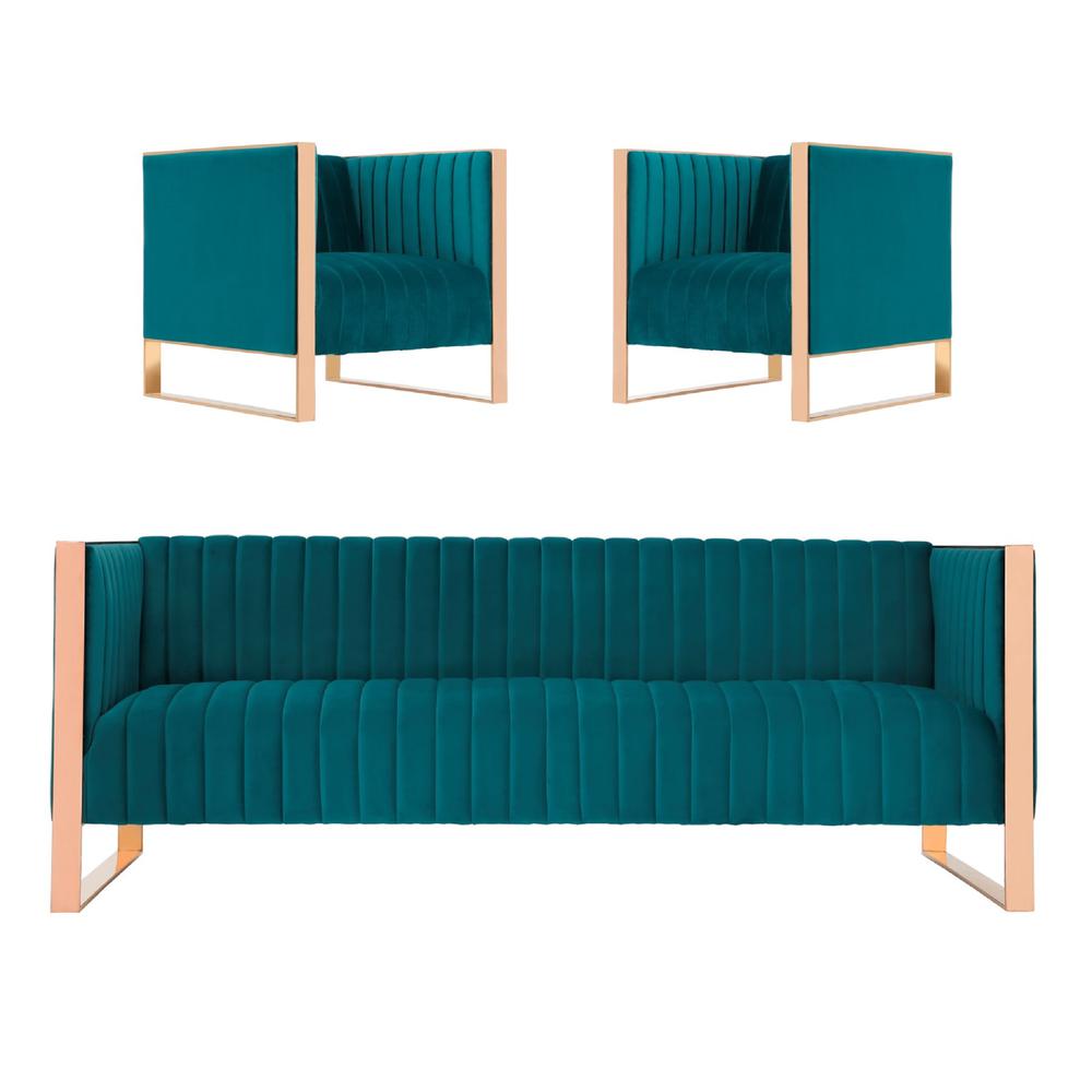 Trillium Sofa and Armchair Set of 3 in Teal and Rose Gold. The main picture.