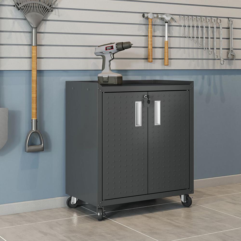 Fortress Textured Metal 31.5" Garage Mobile Cabinet with 2 Adjustable Shelves in Charcoal Grey. Picture 2
