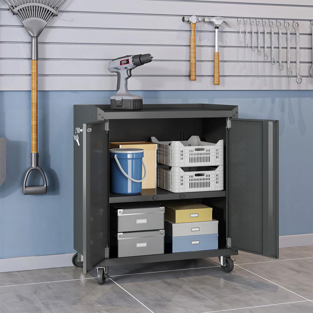Fortress Textured Metal 31.5" Garage Mobile Cabinet with 2 Adjustable Shelves in Charcoal Grey. Picture 4