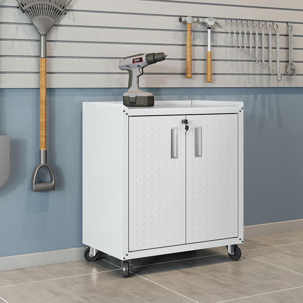 Fortress Textured Metal 31.5" Garage Mobile Cabinet with 2 Adjustable Shelves in White. Picture 2