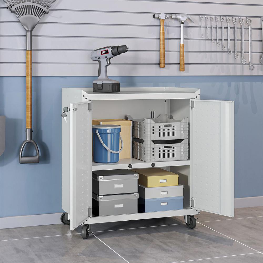 Fortress Textured Metal 31.5" Garage Mobile Cabinet with 2 Adjustable Shelves in White. Picture 4