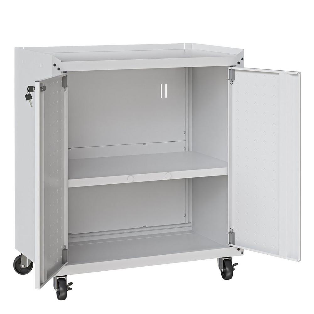 Fortress Textured Metal 31.5" Garage Mobile Cabinet with 2 Adjustable Shelves in White. Picture 6
