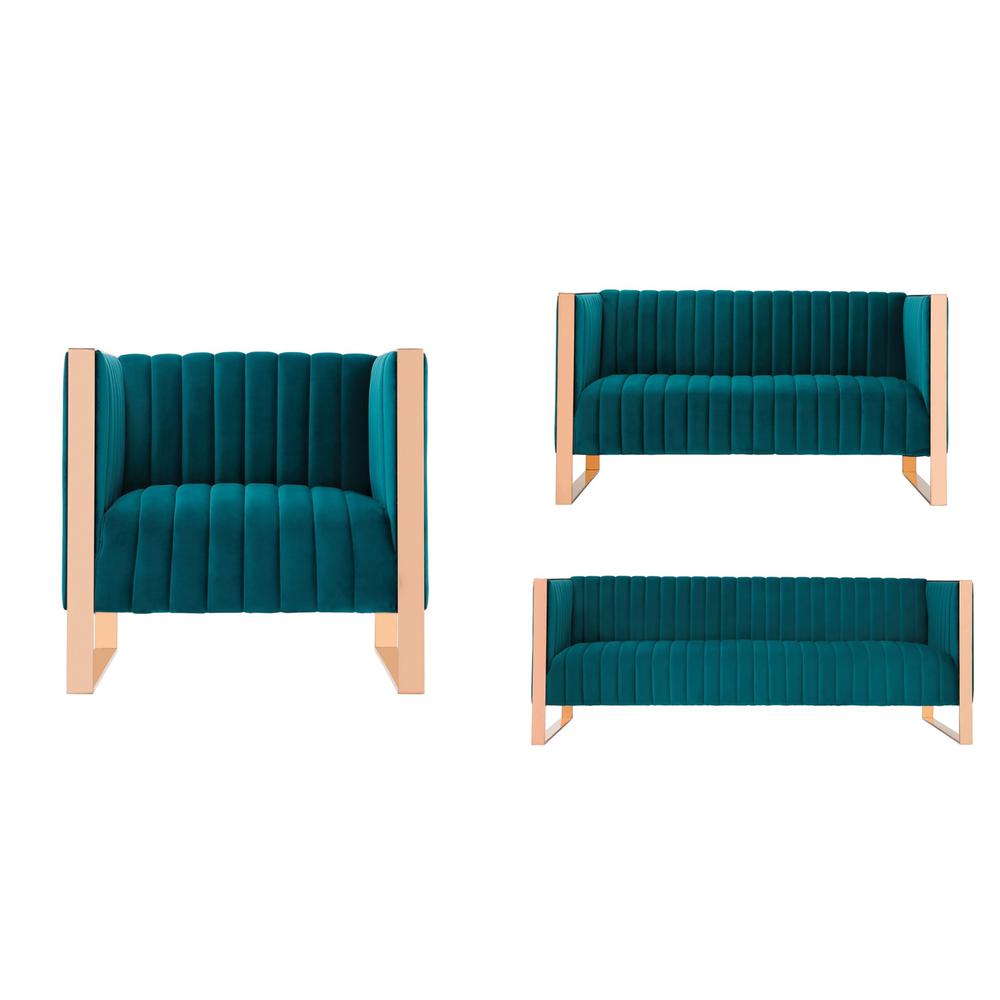 Trillium 3 Piece - Sofa, Loveseat and Armchair Set  in Teal and Rose Gold. The main picture.