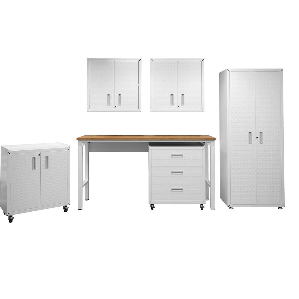 6-Piece Fortress Textured Garage Set with Cabinets, Wall Units and Table in White. The main picture.