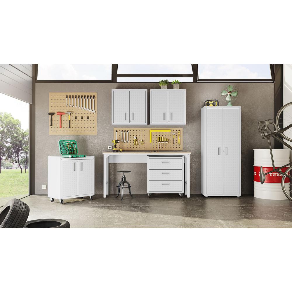 6-Piece Fortress Textured Garage Set with Cabinets, Wall Units and Table in White. Picture 2