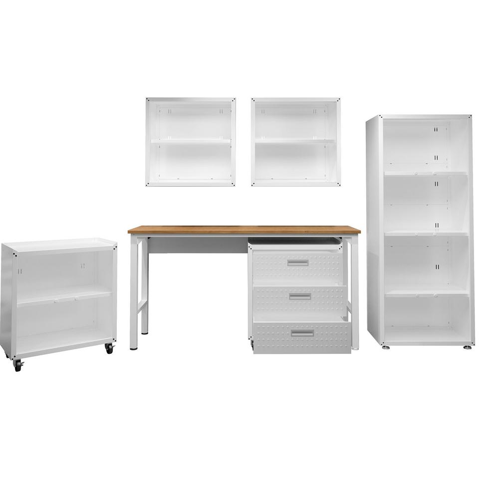 6-Piece Fortress Textured Garage Set with Cabinets, Wall Units and Table in White. Picture 4