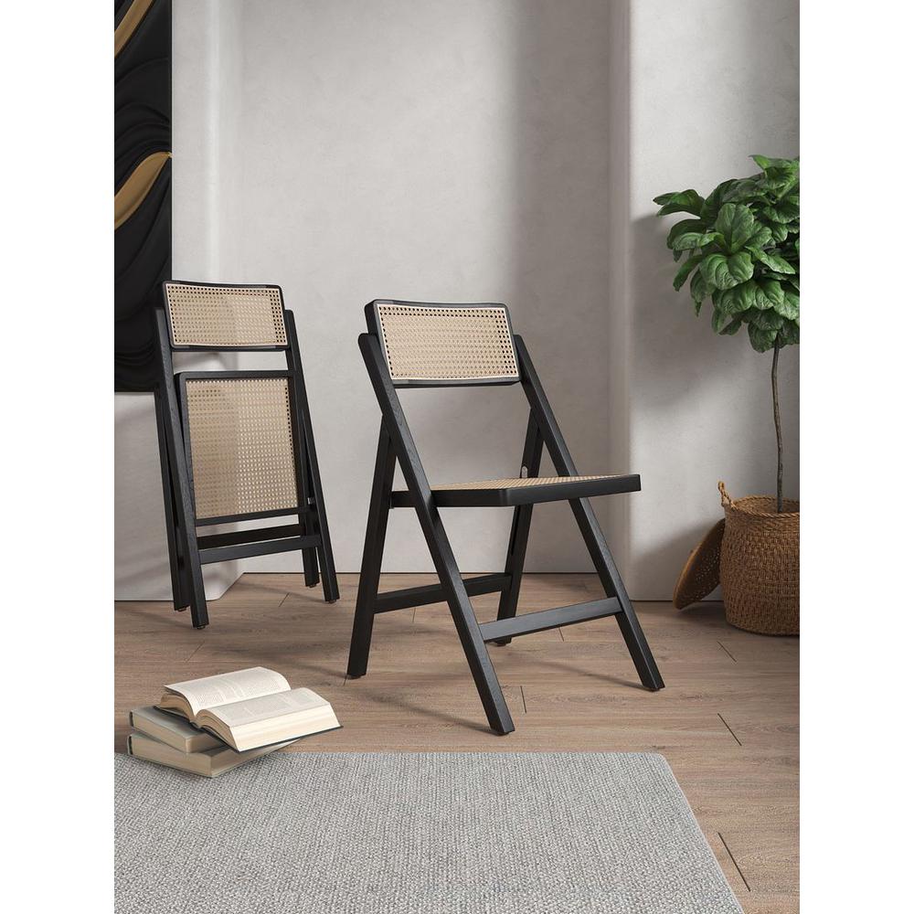Pullman Folding Dining Chair in Black and Natural Cane - Set of 2. Picture 2