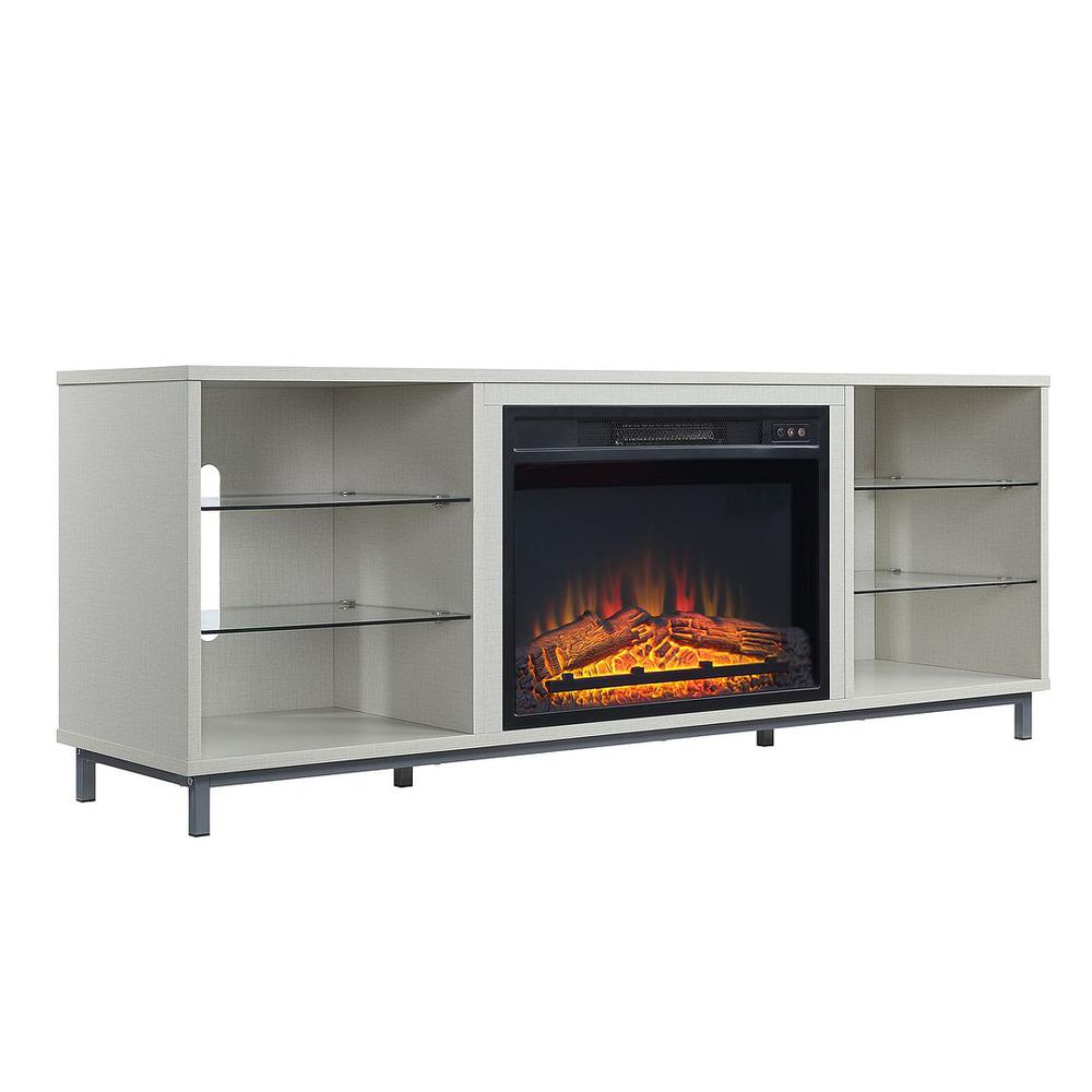 Brighton 60" Fireplace with Glass Shelves and Media Wire Management in Beige. Picture 5