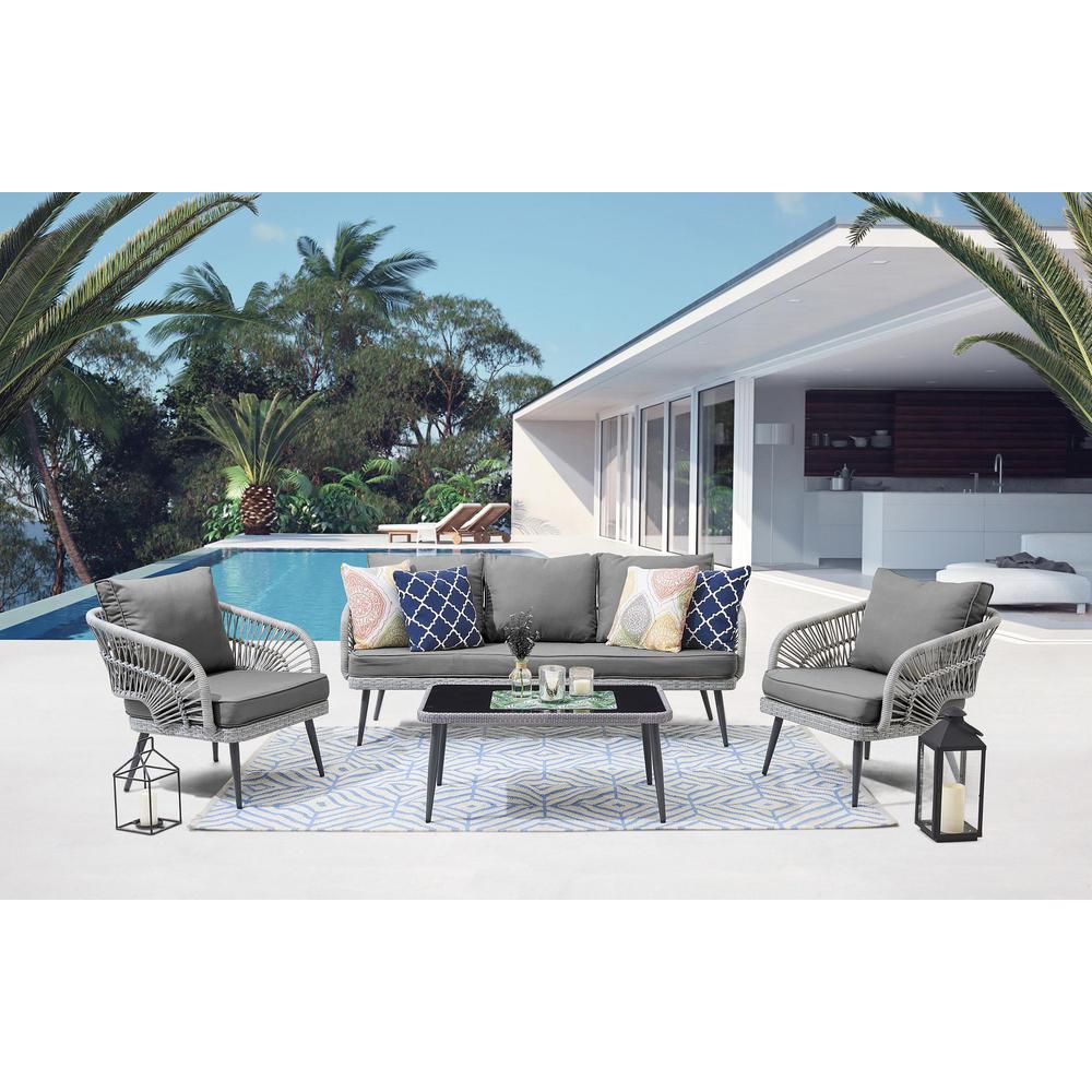 Riviera Rope Wicker 4-Piece 5 Seater Patio Conversation Set with Cushions in Cream. Picture 2