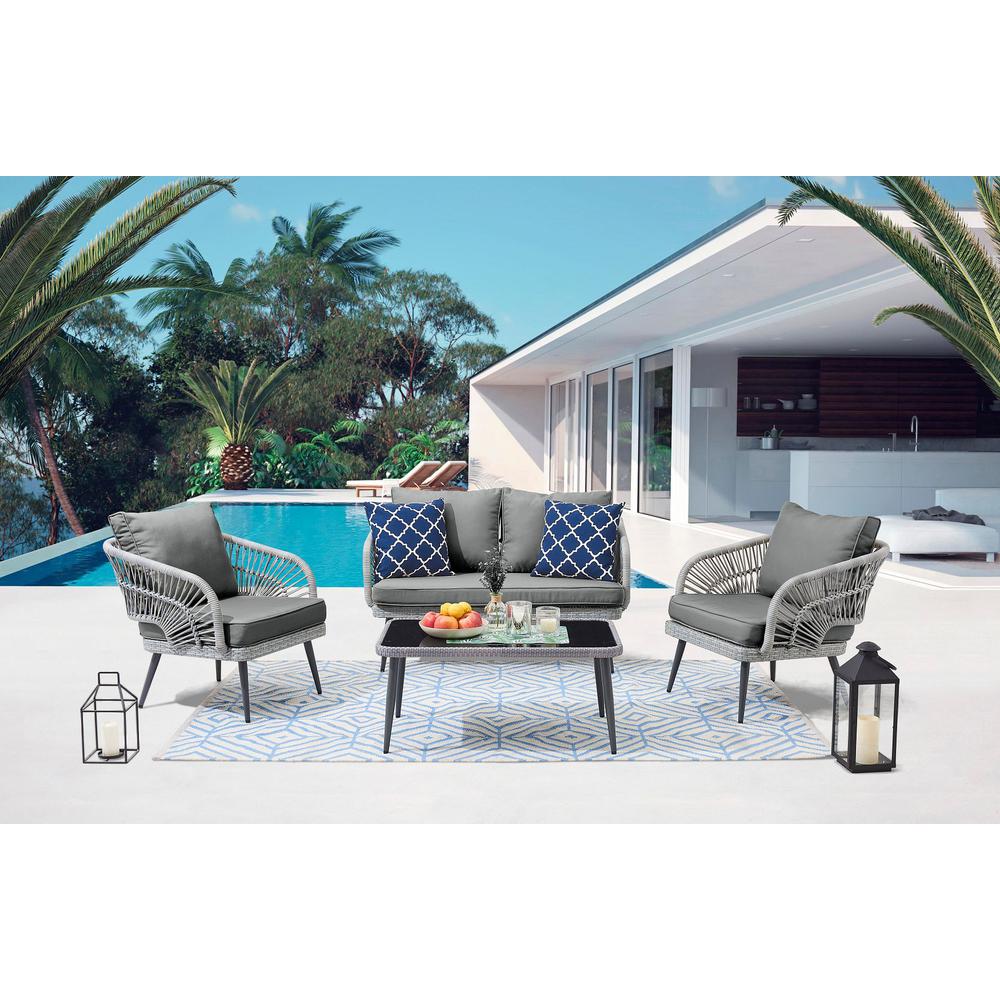 Riviera Rope Wicker 4-Piece 4 Seater Patio Conversation Set with Cushions in Cream. Picture 2