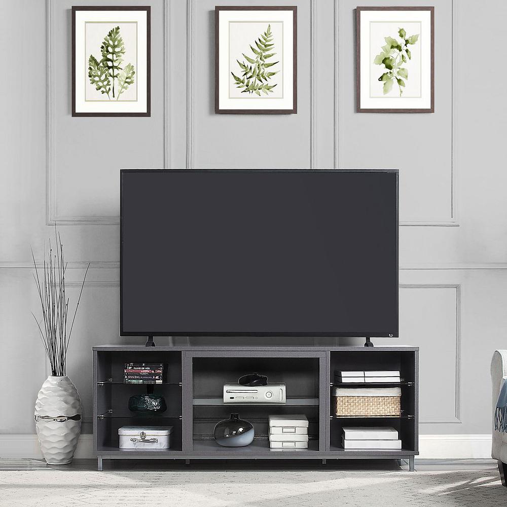 Brighton 60" TV Stand with Glass Shelves and Media Wire Management in Grey. Picture 2