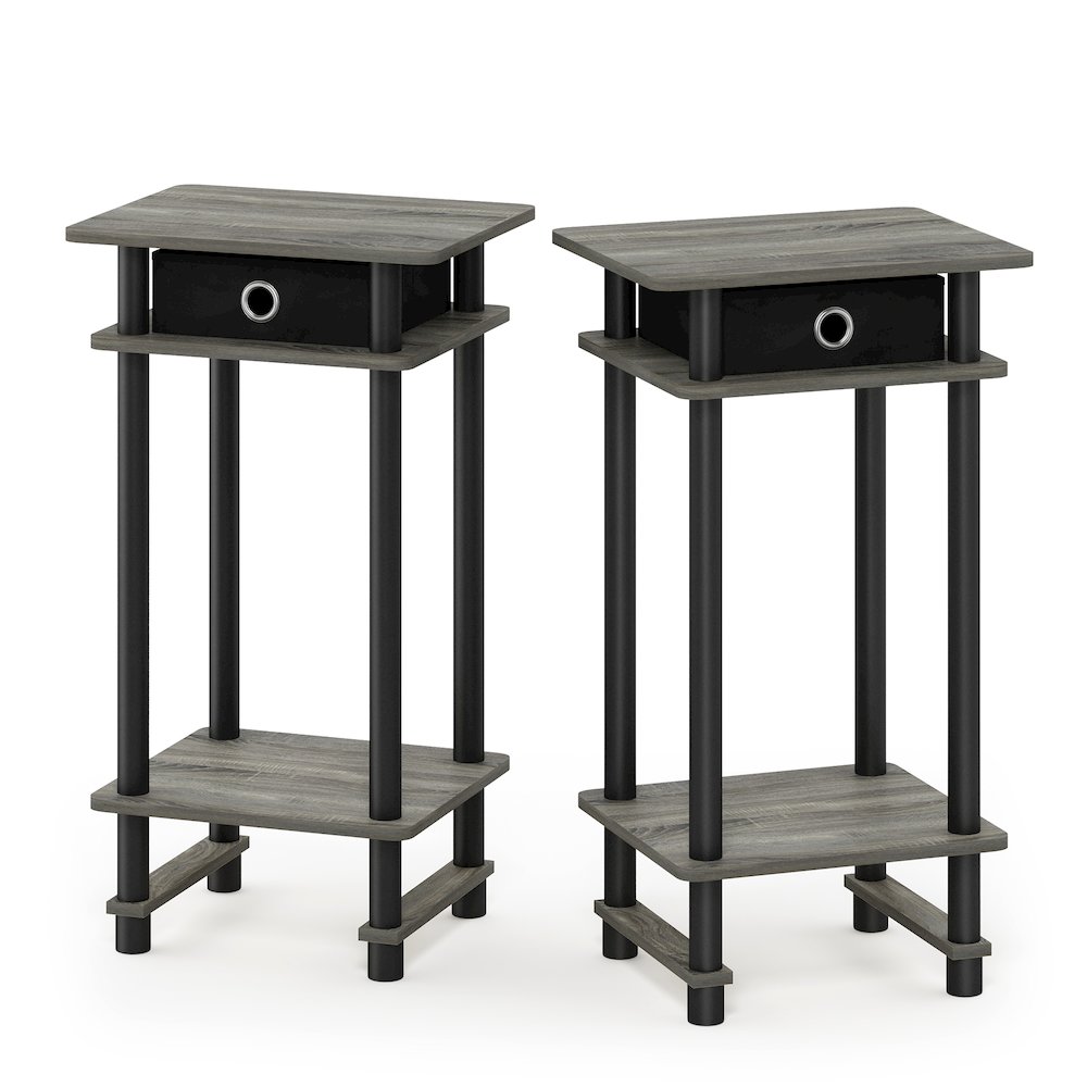Furinno 2-17017 Turn-N-Tube Tall End Table with Bin, French Oak Grey/Black/Black, Set of 2. Picture 1