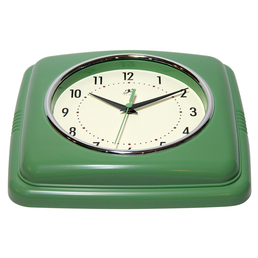 Infinity Instruments 9" Square Retro Clock, Green. Picture 2