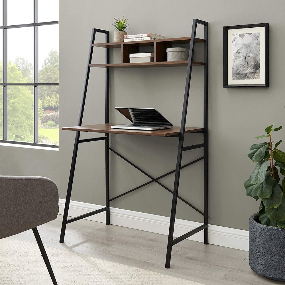 Mini Arlo 56" Tall Compact Industrial Ladder Desk with Storage - Dark Walnut. Picture 3