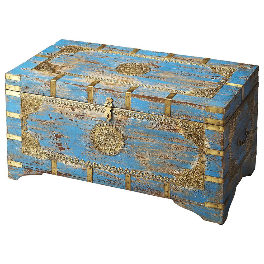 Company Neela Painted Brass Inlay Storage Trunk, Blue. Picture 1