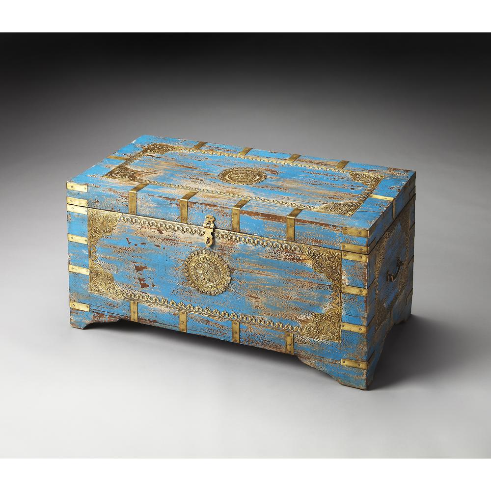 Company Neela Painted Brass Inlay Storage Trunk, Blue. Picture 3